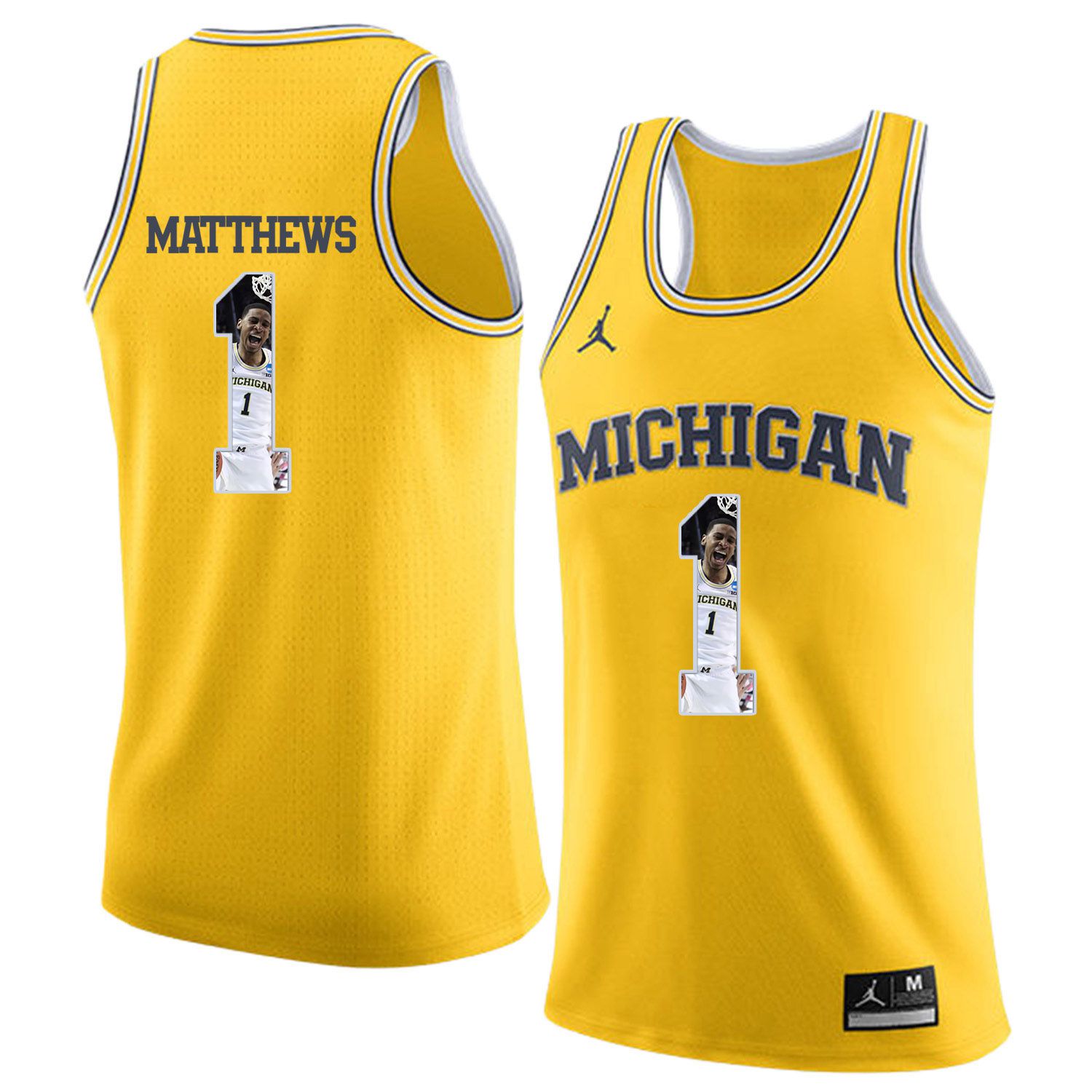 Men Jordan University of Michigan Basketball Yellow #1 Matthews Fashion Edition Customized NCAA Jerseys